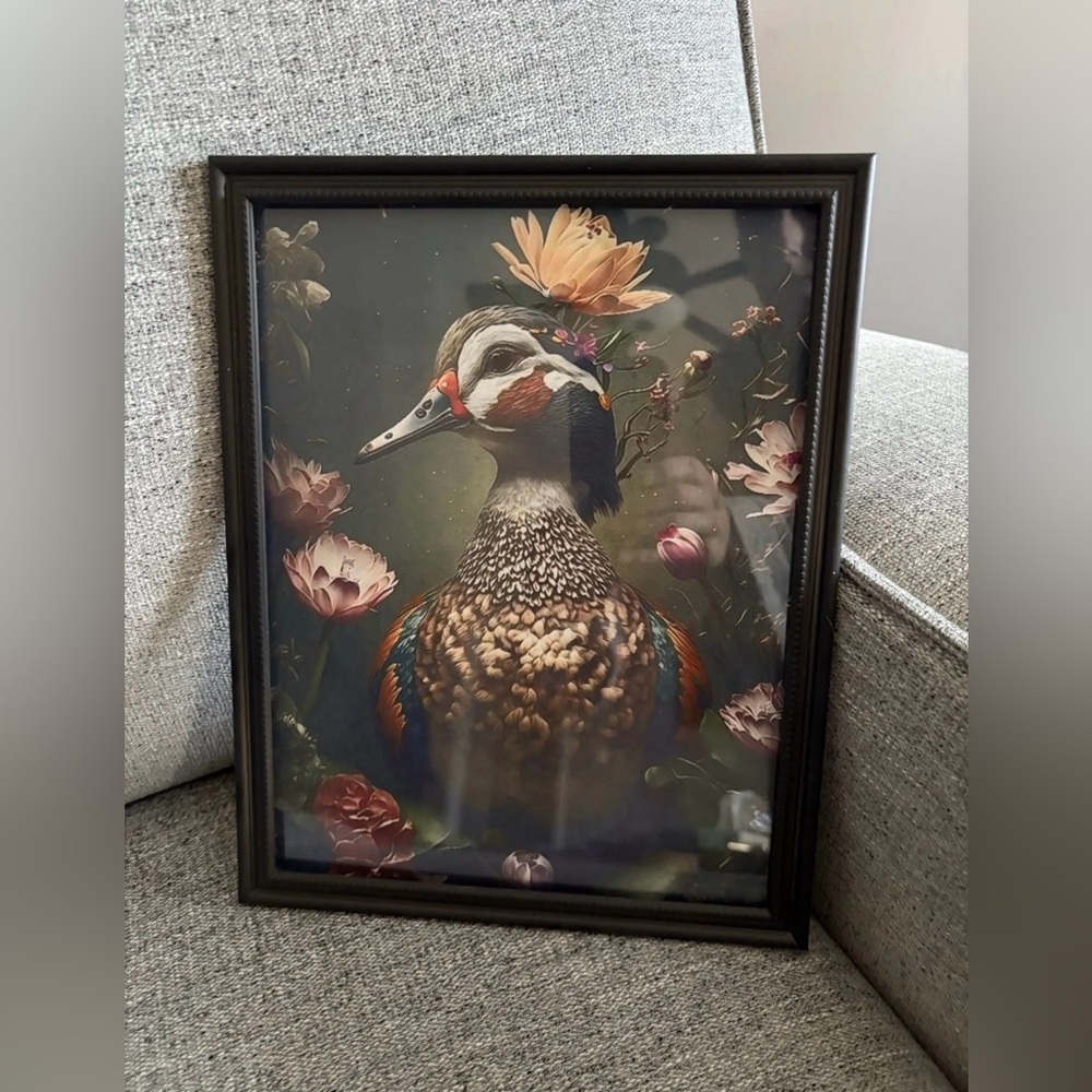Framed Duck Art Print with Floral Accents